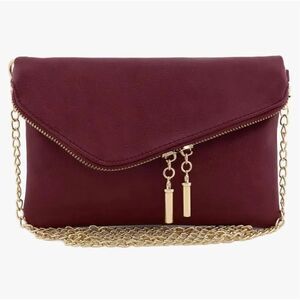FashionPuzzle Envelope Clutch Evening Bag Maroon Gold Chain New